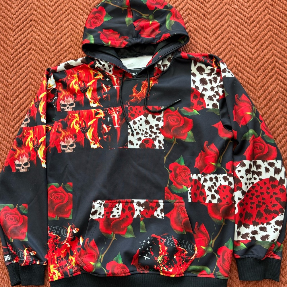 Reason NYC Graphic Hoodie Roses Skull Patchwork Print Size L Streetwear